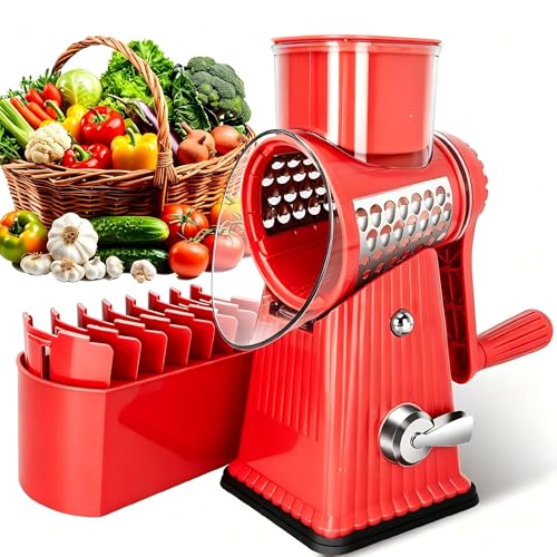 Image of Rotary Cheese Grater with 5 Well-designed Blades & Strong Suction Base, Kitchen Mandoline Vegetable Slicer with Blade Storage Box (RED)