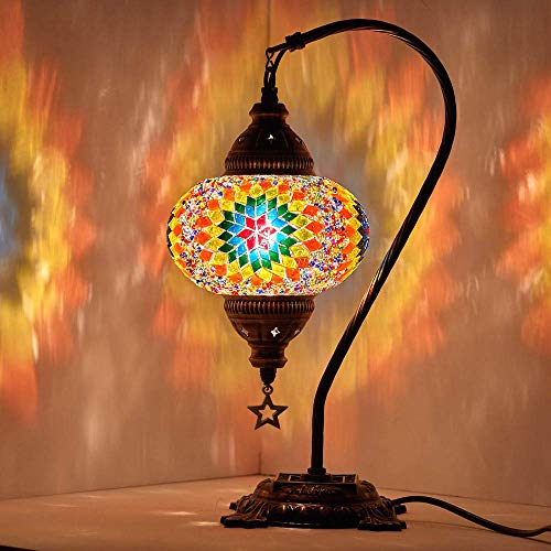 (33 Colors) DEMMEX Turkish Moroccan Mosaic Table Lamp with US Plug & Socket, Swan Neck Handmade Desk Bedside Table Night Lamp Decorative Tiffany Lamp Light, Antique Color Body (17)