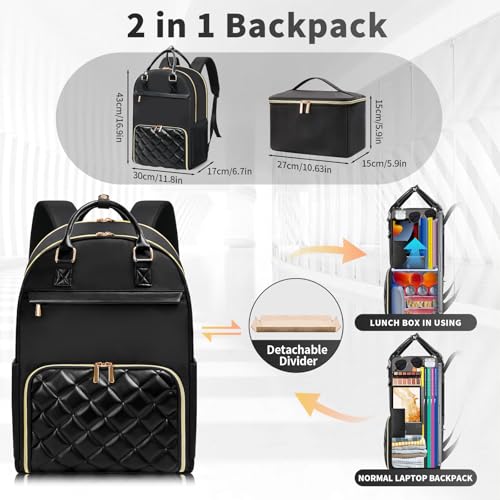Jetviivid Lunch Backpack, 15.6 Inch Laptop Backpack with Insulated Cooler Lunch box, Womens Work Backpack for Business Teacher Nurse Travel Commuter College Daily, Black - Image 3