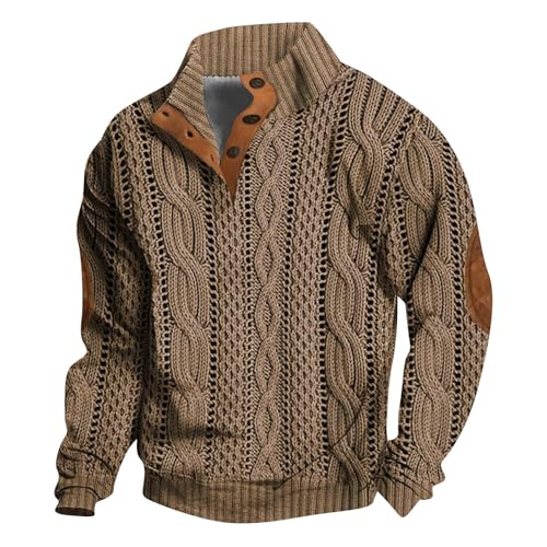 Mens Casual Twist Pattern Pullover Sweatshirts Long Sleeve Cable Knit Sweater Stand Collar Button Up Thermal Pullover