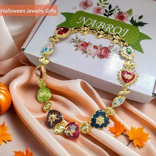 Maximalist Sacred Heart Charm Necklace for Women, Colorful Enamel Choker Collar, Halloween Costumes Jewelry Christmas Gifts, Chunky Funky Gold Renaissance Jewelry3