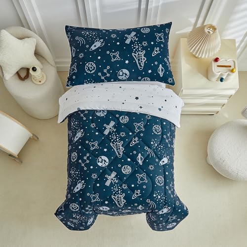 Image of 4 Pieces Toddler Bedding Set for Boy,Space Toddler Bed Comforter Set,Soft and Breathable Microfiber Crib Sheet Set,Includes Quilted Comforter, Flat Top Sheet, Fitted Sheet, Envelope Pillow Case -Blue