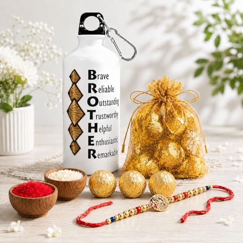 Image of Raksha Bandhan Gift Hamper for Brother - Designer Rakhi, Stainless Steel Bottle & Chocolates Combo Set, Rakhi Gift for Bhai, Brother & Family Celebration Gift