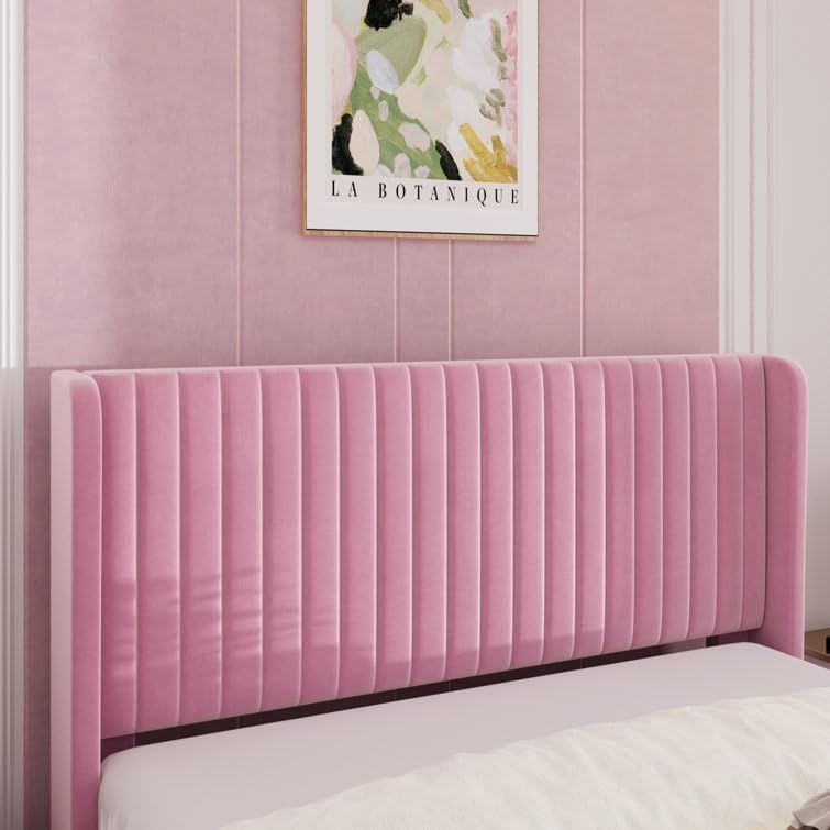 Image of HITHOS Solid Wood Modern Upholstered Queen Size Bed | Wooden Double Bed Cot Palang Furture Without Storage | Wingback Headboard (Pink)