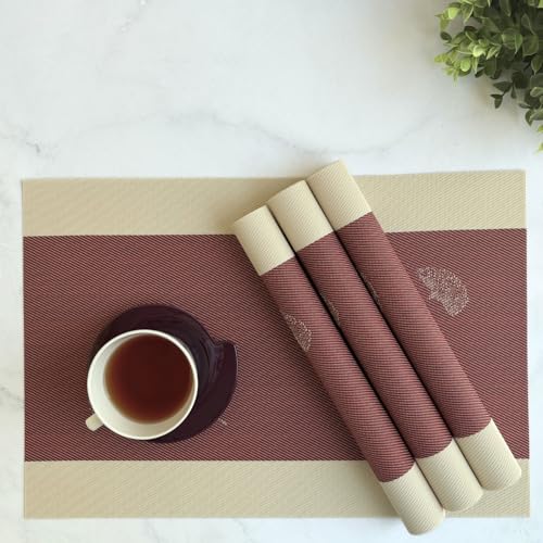 Image of Livmodern Premium Vinyl Dining Table Placemats | Woven PVC Table mats | Anti Skid Designer mats | Wipeable & Washable Set of 4-Garnet Bloom