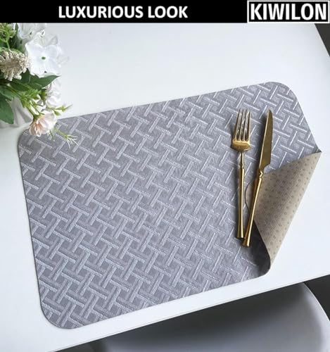 Image of Dining Table Placemats Set of 6 | Table Mats with Anti-Slip Silicone Dots Bottom | Heat Resistant Foldable Place Mats for Dining Table and Kitchen | 45 x 30 cm (Grey, UrbanWeave)