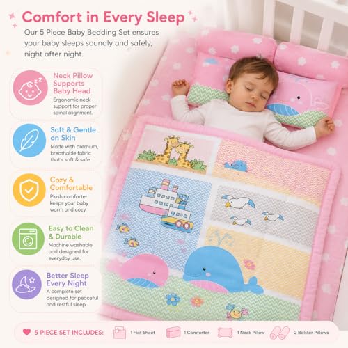 Image of Baby 5 pcs. Bedding Set | Reversible Comforter Blanket & Bedsheet Set for (0-5 Years) | Baby Crib Bedding Set (Light Pink)
