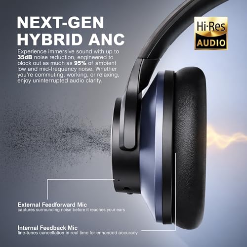 Image of OneOdio Focus A10 - Hybrid Active Noise Cancelling Headphones, Wireless Over-Ear Headphones with 62H Playtime, Fast Charging, Hi-Res Audio, Clear Calls, Bluetooth & Wired Mode for Travel Work (Black)