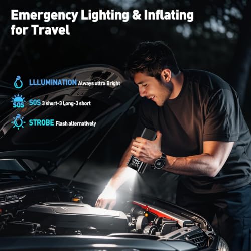 Image of LIVOWALNY Tyre Inflator for Car and Bike, Upto 150 PSI 12V DC Portable Air Compressor Pump with Digital LED Display, Emergency Light & 4 Intelligent Modes, Corded Electric Tyre Air Pump for Car
