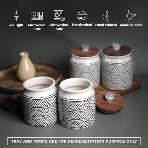 Image of Ceramic Jar & Container for Kitchen Storage Set | Multi Utility Air Tight Kitchen Organizer Items | Tea Coffee Sugar Containers with Wooden Lids (Hand-Painted, 460 ML, Pack of 4)