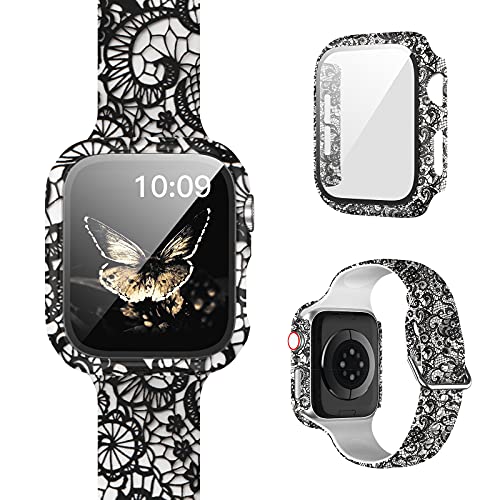 [1+1] Pack Compatible for Apple Watch Band with Case for Apple Watch Series 44mm 6/5/4/SE, Floral Printed Pattern Replacement Strap + Protective Case with Screen Protector for iWatch Accessories
