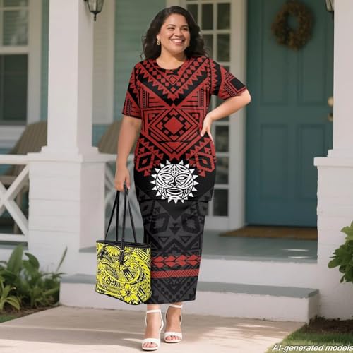 Image of Polynesian Dress for Women Short Sleeve High Waist Maxi Skirt | Puletasi dress, t-shirt and skirt two-piece, elastic material, lightweight, soft, plus size, luau party, wedding, clubwear