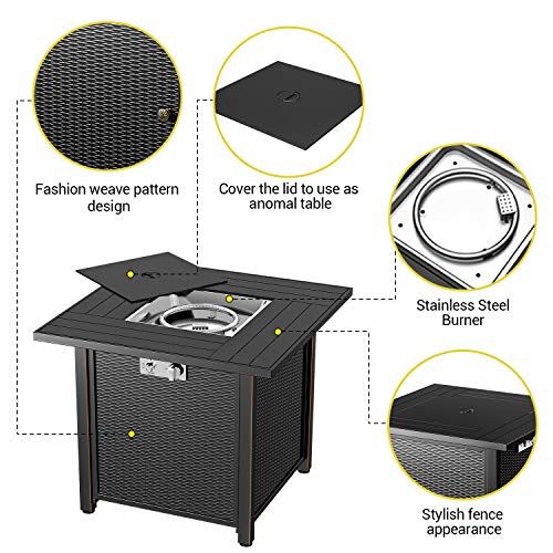 BLUBERY 30\'\' Propane Fire Pit, 50,000BTU Auto-Ignition with Pulse Switch Gas Fire Pit with Cover, Safety Switch, Solid Striped Steel Surface, Laval Rock, Waterproof Bag, ETL CERT