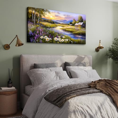 SERIMINO Large Wall Art for Living Room, River Landscape Wall Art, Meadow Wildflower Canvas Art Prints, Countryside Sunset Paintings Wall Decor for Bedroom, Farmhouse Kitchen Decor Pictures 24"X48"
