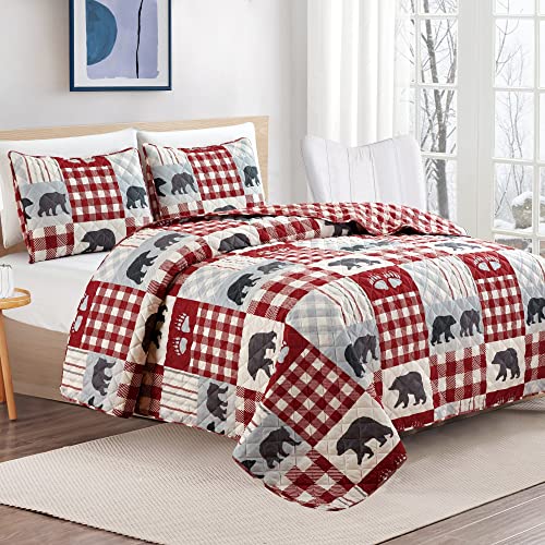 Market & Place 3 Piece Reversible Quilt Set With Sham | Queen Cabin Comforter Set | Rustic Bear Buffalo Check Lodge Bedding | Orson Collection (Full/Queen, Burgundy/Grey) #TOP1