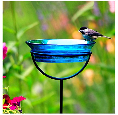 Romantic Decor and More Cuban Mosaic Garden Stake Birdbath Feeder G467VF Recycled Glass Birdseed Mealworm Bowl Container with Adjustable Height Stake - Aqua - Thumbnail 4