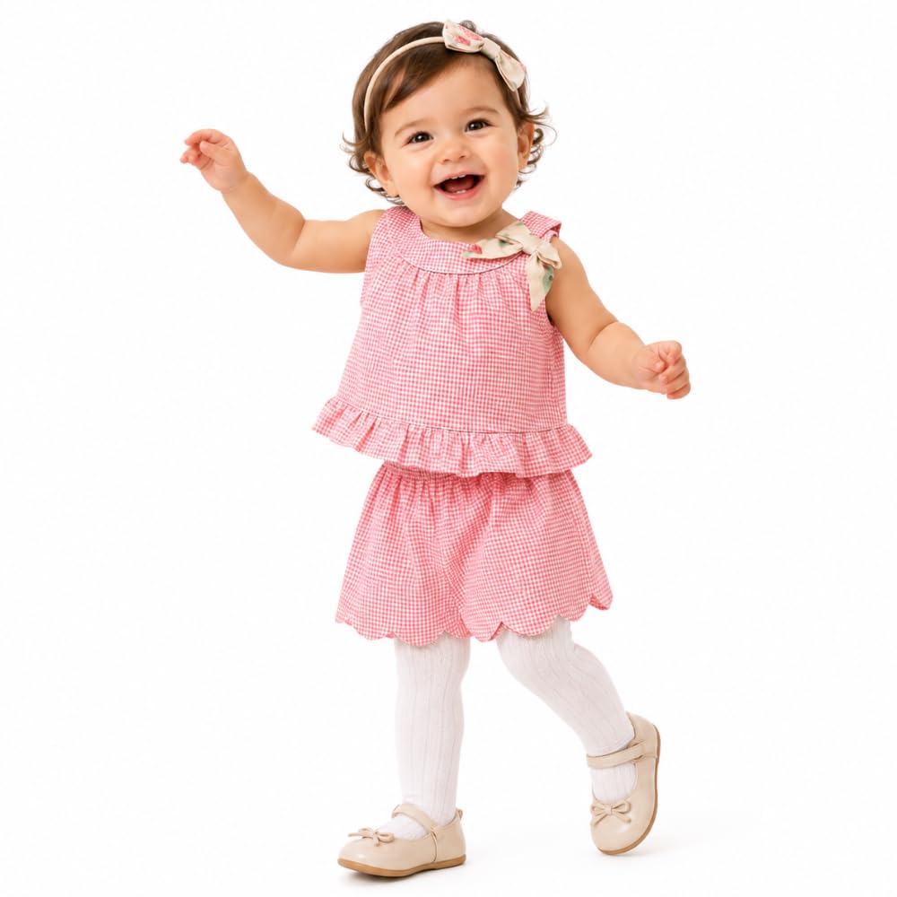 Baby Girl Top and Shorts Set | Sleeveless Cotton Blend Co-Ord Outfit with Bow | Pink Gingham Checkered Dress Set | Stylish Casual Wear for 1 Year-picture-37