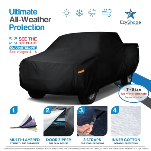 Image of EzyShade Multi-Layer Truck Cover Waterproof All Weather - See Vehicle Size-Chart - Full Outdoor Pickup Truck Covers for Gladiator Dakota Frontier - Sun Wind Rain Snow - Black, Size T2 (See SizeChart)