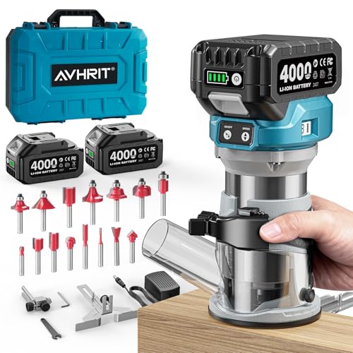 Avhrit Cordless Wood Router 21V: Electric Palm Router Tool 2PCS 4000mAH 6-Speed (0-3300RPM) Brushless Motor Aluminum Base LED Display Dust Extraction and 15pcs Bits Set