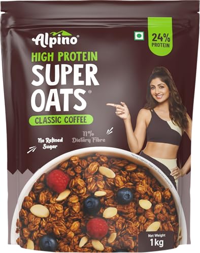 ALPINO 24% High Protein Super Oats Classic Coffee 1kg – Rolled Oats, Natural Peanut Butter, Coffee Extract, Jaggery Powder – 24g Protein, Source of Dietary Fibre & Healthy Fats, No Refined Sugar & Salt