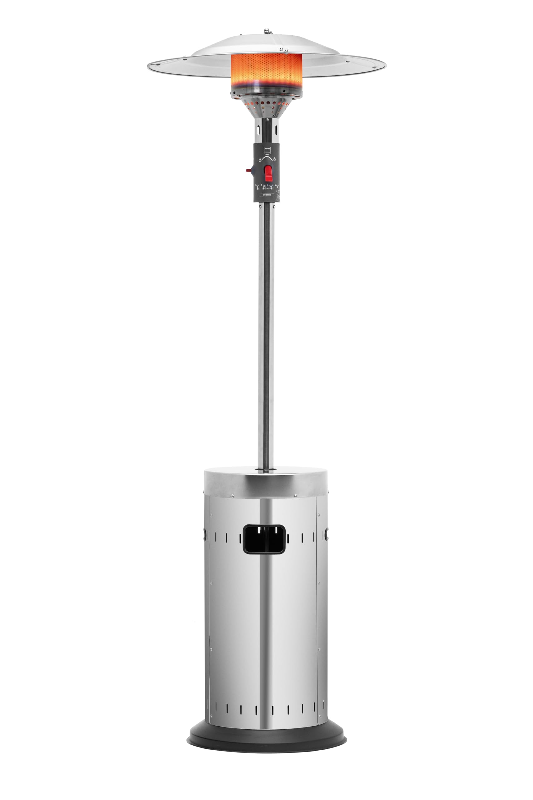METRO Professional Fungo riscaldante per esterno, acciaio inox, bruciatore ecologico, 76x76x218 cm, da 19 a 50h di funzionamento, accensione elettrica, rotelle, regolatore e tubo flessibile inclusi
