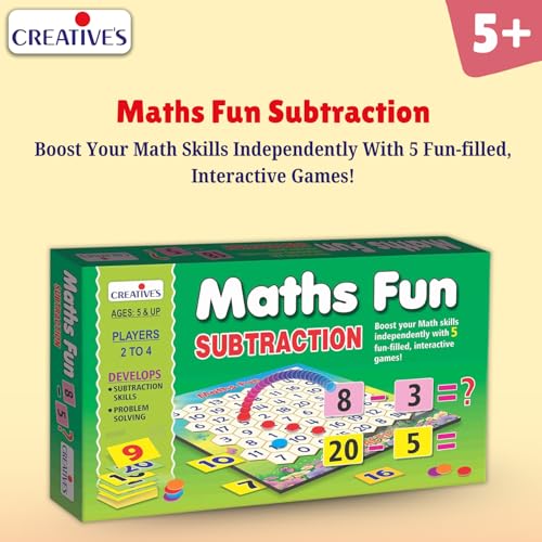 Image of Creative's Maths Fun Subtraction, 5-in-1 Maths Board Game, 60 Counters 4 Colours, 2 Sets 0-20 Play Cards, Five Subtraction Card Games Educational Game for Kids, Build Subtraction Skills Ages 5+
