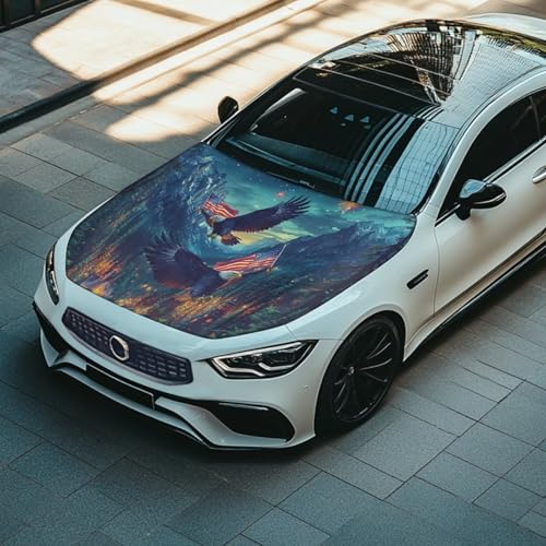 Image of Car Hood Cover Eagle and American Flag Print Stretch Car Hood Protector Washable Automotive Accessories Universal Suitable Most Automotive Pickup Sedans Trucks SUVs