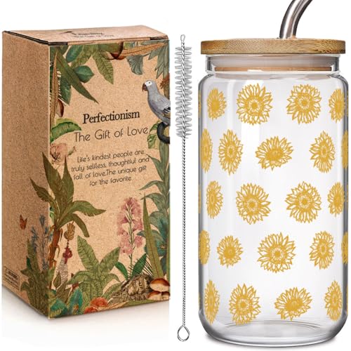 Enanaimg Sunflower Gifts for Women Sunflower Cup with Bamboo Lids and Straw, Cute Sunflowers Cup, Inspirational Sunshine Birthday Christmas Gifts for Mom Best Friend Bestie 16 oz Can Glass