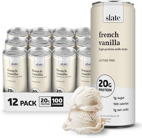 Slate Milk - High Protein Milk Shake - French Vanilla - Lactose Free, 20g Protein, 1g Sugar, 100 Calories, 1g Net Carbs, No Added Sugar - Natural, Breakfast Boost, Post Workout - 11 fl oz, 12 Cans