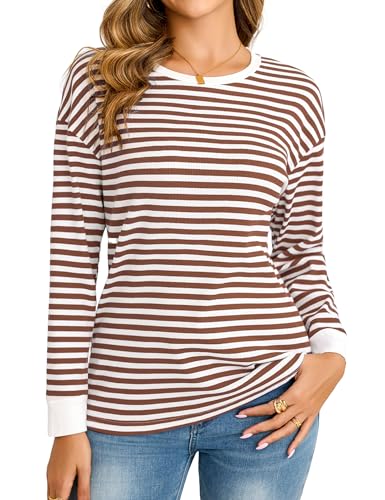 Totatuit Sweatshirt Damen Rundhals Long Sleeve Basic Bunt Gestreiftes Oberteil Loose Fit Y2k Pullover Langarm Ohne Kapuze Farbblock Bluse Striped Shirt Tops Braun L