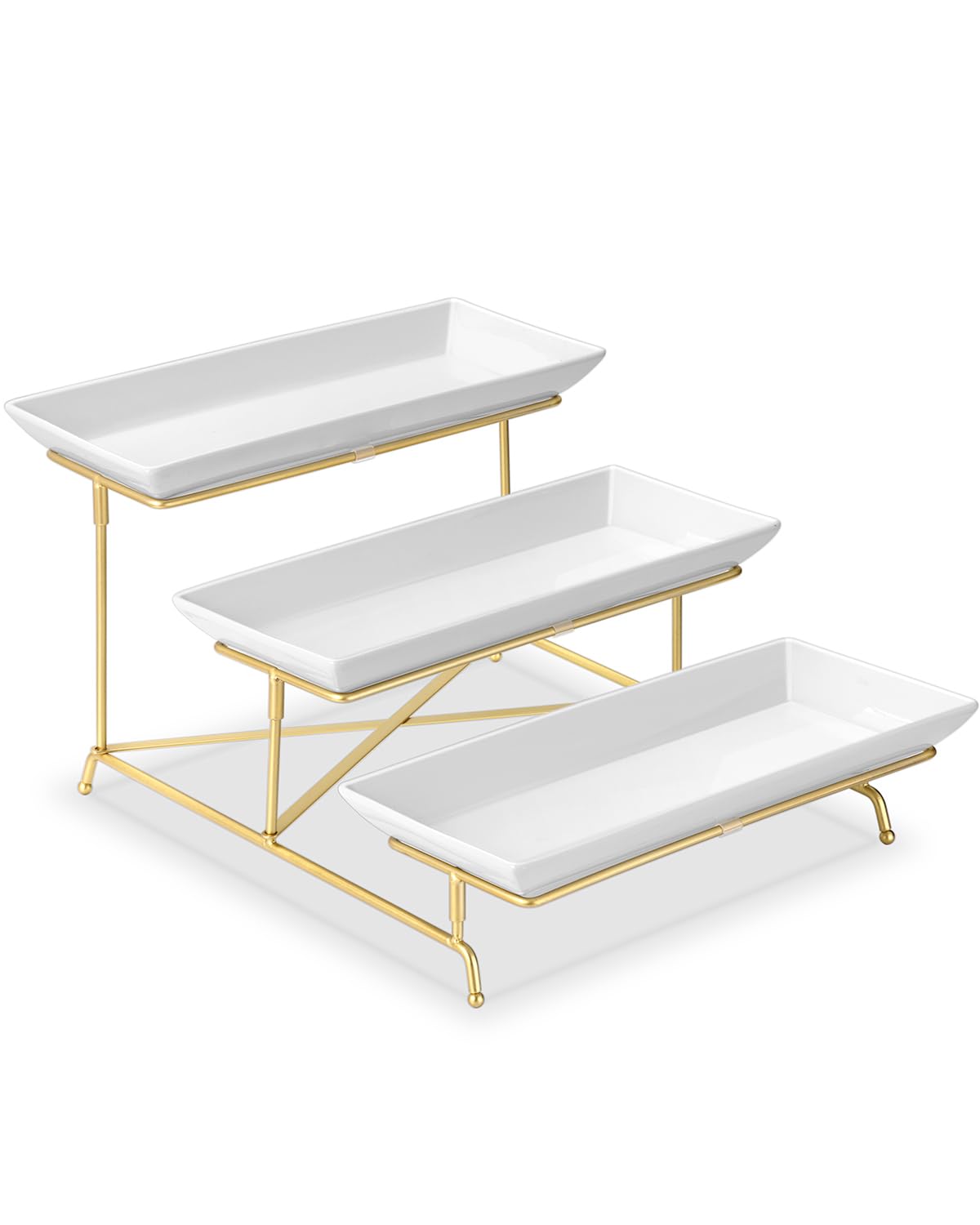 Yedio 3 Tier Serving Tray Set 14 Inch Porcelain Tiered Serving Platters, Collapsible Sturdier Stand with Stable Cross Bars, Three Layer Serving for Party Entertaining Food Display Fruit Dessert