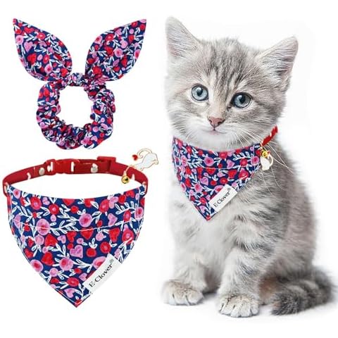 E-Clover Cat Collar & Matching Scrunchie Girl Cat Collars with Removable Bandana Bell Adjustable for Kitten Kitty Owner Gift Pink Heart Cover