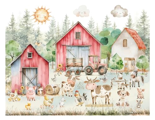 Fototapete Kinderzimmer, Bauernhof, Dorf, Waldtiere Bäume, Ländliche Tiere, Kuh, Pferd, Schaf, Hühner, Tapeten für Kinder Babyzimmer Vlies Tapeten wandtapete Mädchen und Jungen. Tapete nach Maß 1m2
