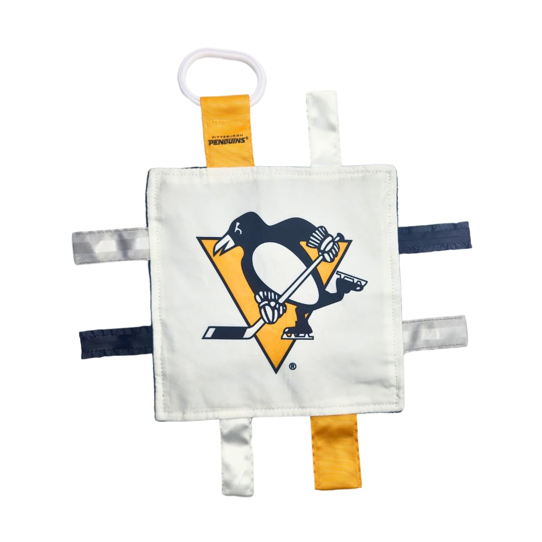Pittsburgh Penguins - Juguete de etiqueta para bebé, juguete sensorial de hockey de la NHL para bebé, suave y seguro, juguete ideal para cochecito de bebé, sin BPA con clip para