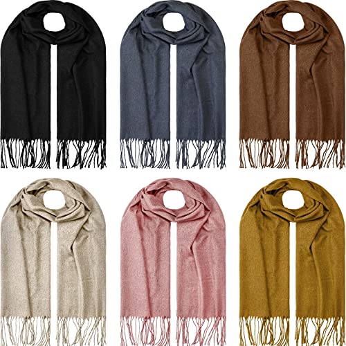 Handepo 6 Pcs Solid Color Winter Scarf Fall Cashmere Feel Cold Weather Scarfs Faux Cashmere Warm, 74.8 x 12.6 In