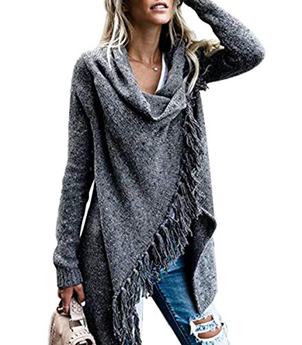 CEASIKERY Damen-Poncho mit Fransen, Pullover, lange Strickjacke, Strickpullover, Mantel, dunkelgrau, Mittel