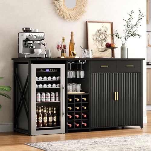 Herture Mini Fridge Cabinet with Storage,69.01' Coffee Bar Cabinet with Fridge Space,Wine Fridge Cabinet with Outlet,Wine Rack & Drawers,Multi-Functional Bar,Fridge Stand with Storage,Black KH06MRB