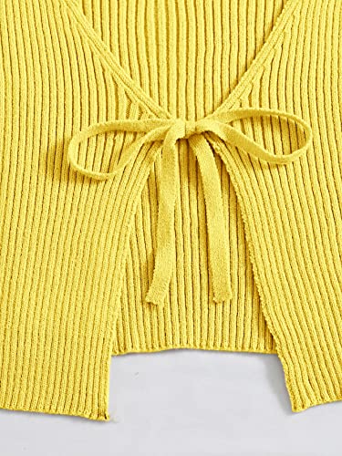 Image of Floerns Women's Tie Front Long Sleeve Rib Knit Shrug Sweaters Cardigan Crop Top Yellow M