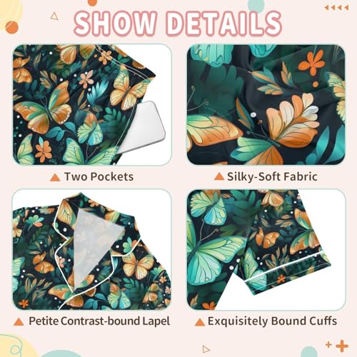 senya Green Butterflies Satin Summer Pajama Sets Silk Short Sleeve Button Down Sleepwear3