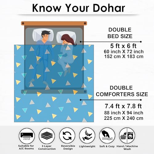 Image of Story@Home Dohar Double Bed Cotton 100% | 150GSM 225 x240 cm Quilt AC Blanket for Summer | AC Comforter Double Bed | Blue & White Geometric Reversible Design Duvet | All-Season Blanket