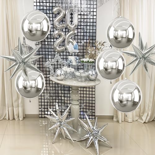 Image of 9 Pcs Silver Round Foil Balloons and Star Balloons 22 /18 4D Ball Balloon Metallic Silver Explosion Star Shaped Mylar Balloon for Graduation Birthday Wedding Anniversary Disco Prom Party Decor