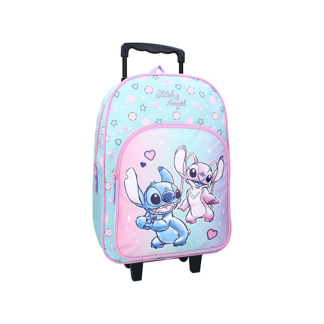 mybagstory Mochila para niña, Stitch y Ángel, para niños, escuela, guardería, mochila para niña, talla 45 cm, correas ajustables, ruedas, idea de regalo, Stitch& Angel - Rosa/Azul, niño, clásico