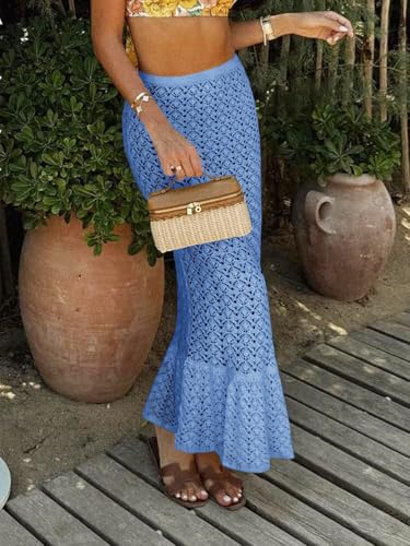 Saodimallsu Womens Crochet Cover Up Skirt High Waisted Sheer Knit Summer Swimsuit Coverup Beach Fishtail Maxi Skirts2