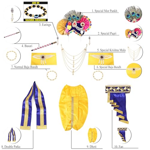 Image of Krishna Dress for Kids, Baby Krishna Dress for Janmashtami with Krishna Mukut, Peacock Feather & Flute Embroidered Krishna Costume for Girl & Boy, 3 Months-8 Years