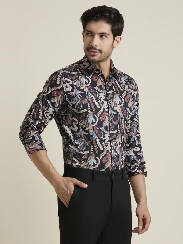 Image of MARK & ALBERT Men's Printed Full Sleeves Regular Fit Shirt Blue | 100% Cotton Stretchable Fabric