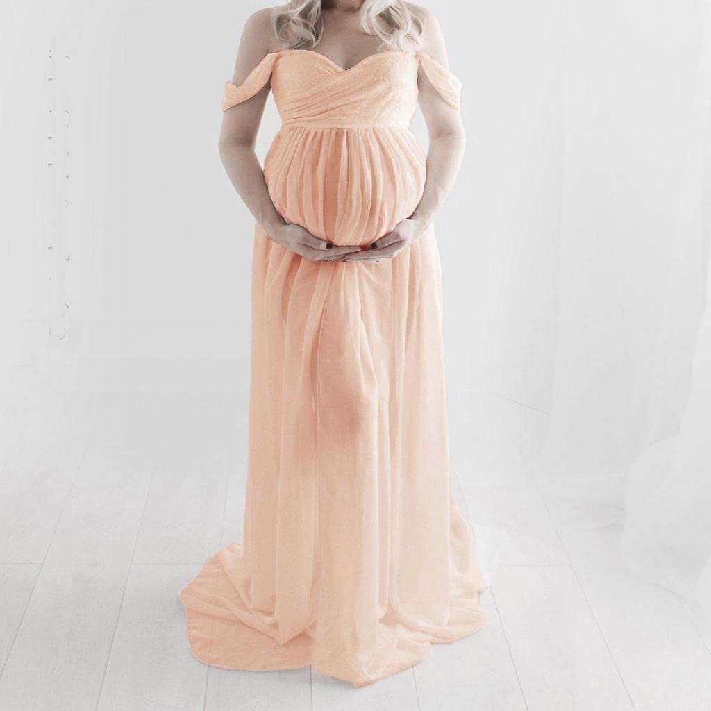 Robe de Maternité Longue Maxi à épaules Dénudées, Accessoire Photo, Rose, S
