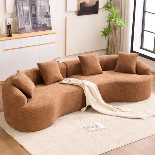 Kolavess Modern Curved Boneless Sofa, 110" Oversized Comfy Cloud Couch with 4 Pillows, Luxury Plush Chenille Modular Sectional Sofa for Living Room, Apartment & Reception Spaces, Caramel