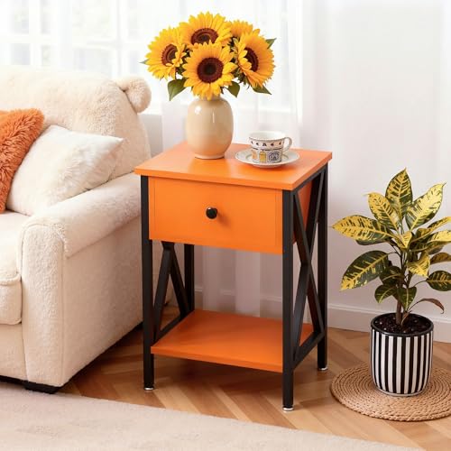 Image of VECELO Nightstands, Modern Bedside End Tables Set of 2, Night Stand with Drawer and Storage Shelf for Living Room Bedroom, Industrial Metal Frame