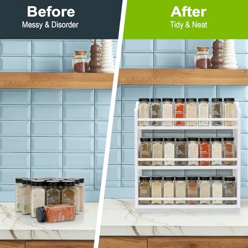 Image of 3-Tier Bamboo Spice Rack, Wall Mount & Countertop Spice Organizer | Seasoning Jars Rack Shelf Spice Organizer for Kitchen, Spice Storage Holder with handles, Front and Rear Protective Design