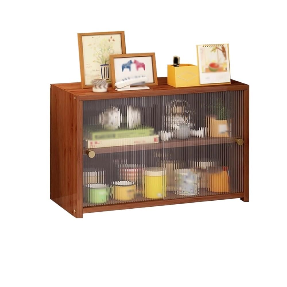 AYCDL Bookcase Bamboo Desktop Storage Rack, with Push Pull Sliding Plastic Doors Freestanding Counter Top Bookshelf, Adjustable Desktop Display Shelf Display Shelf,size_name-L67xW28xH34 cm
